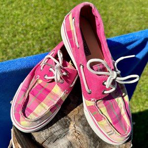 Sperry Biscayne Pink Plaid and Silver Stripe Boat Shoe, Size 6